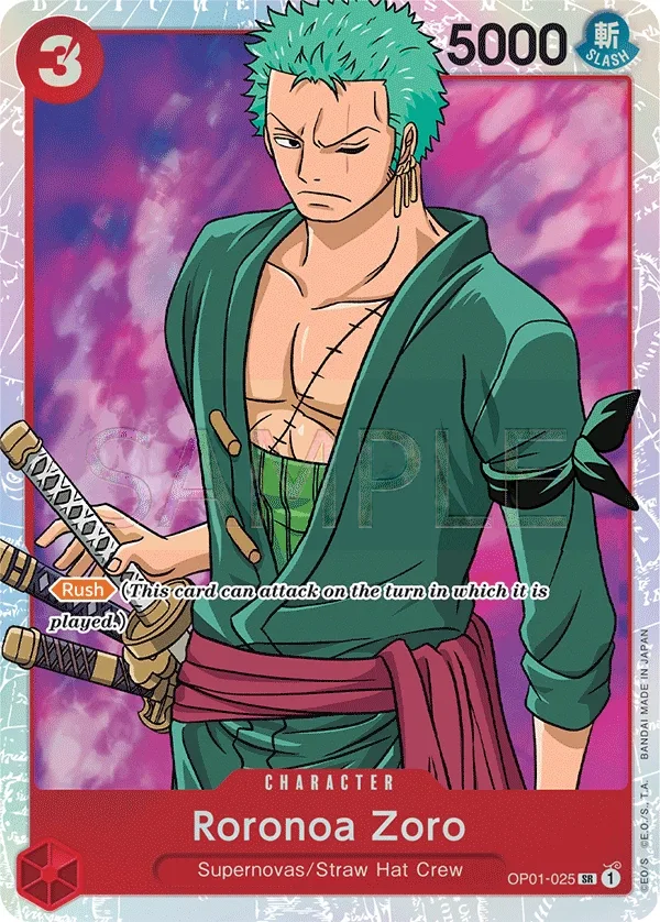 Roronoa Zoro, One Piece Card Game set Romance Dawn, kaart OP01-025, SR